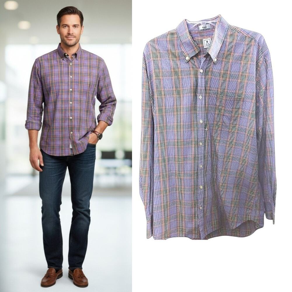 Peter Millar Button Down Cotton Shirt Men's Size L  Purple Check Long Sleeve